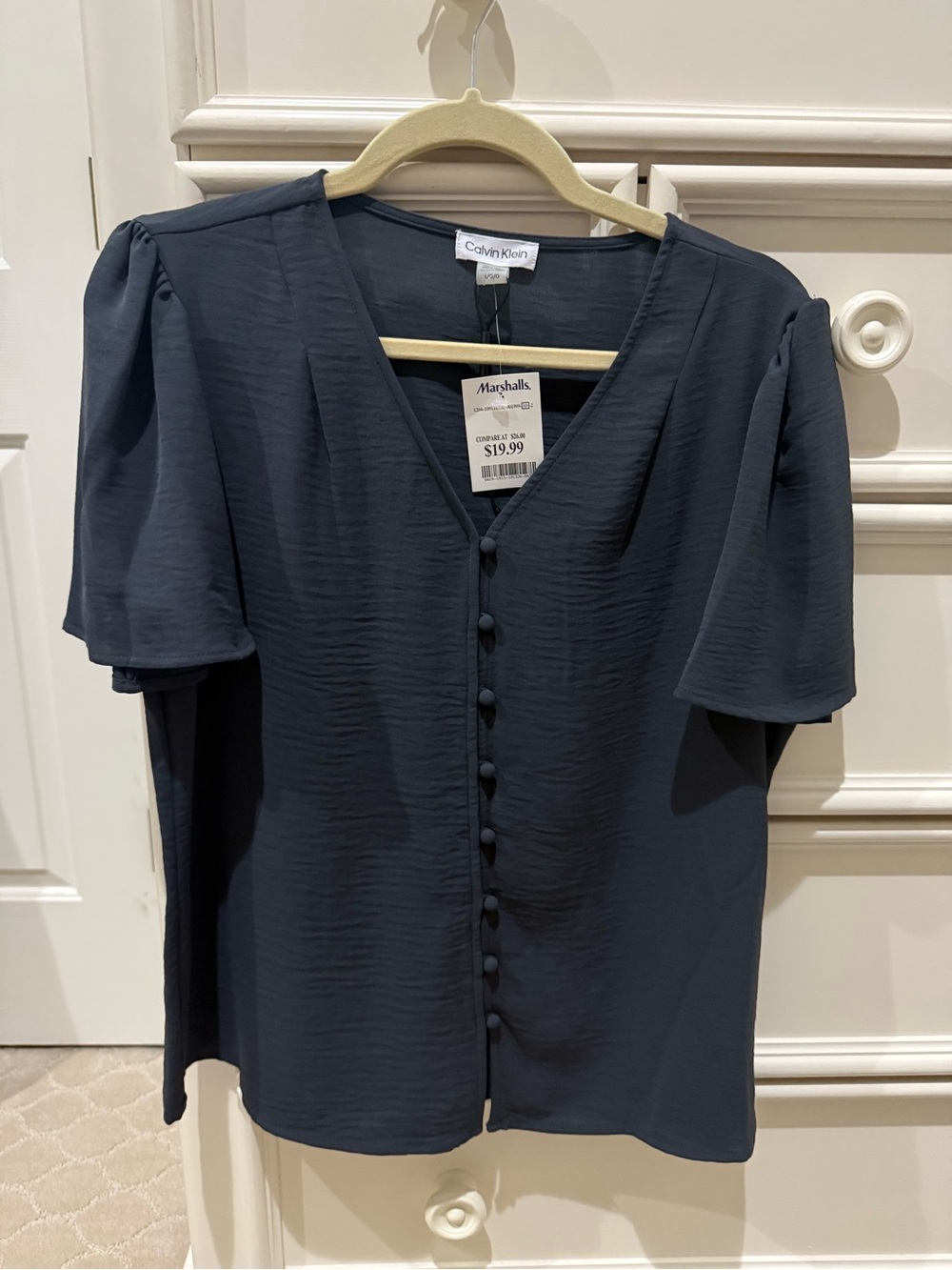 Calvin Klein Dark Navy Button-Front V-Neck Flutter Sleeve Blouse